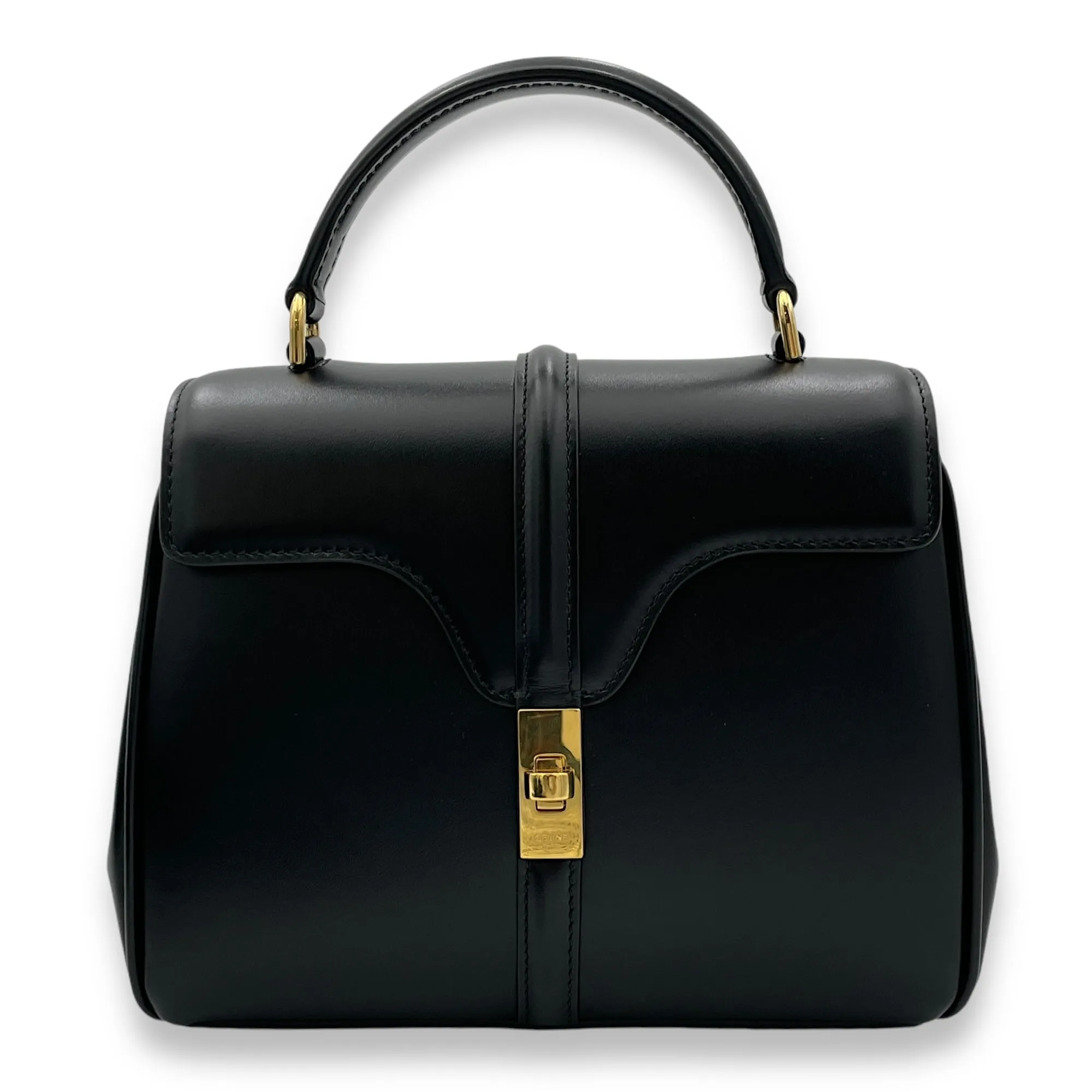 16 Mini Black Top Handle Bag in Calfskin, Gold hardware