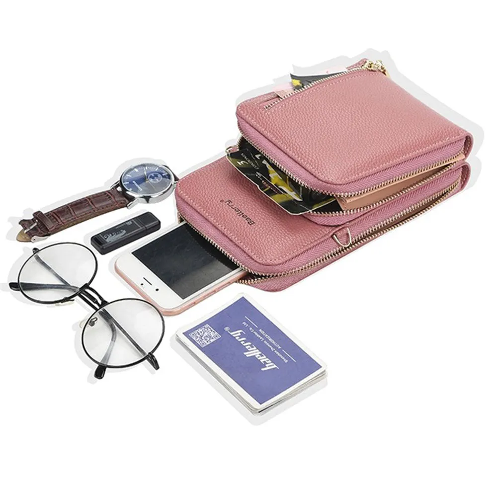 (17x11x4cm) Universal Cell Phone Leather Shoulder Bag Wallet Fashion Crossbody Bag - Beige