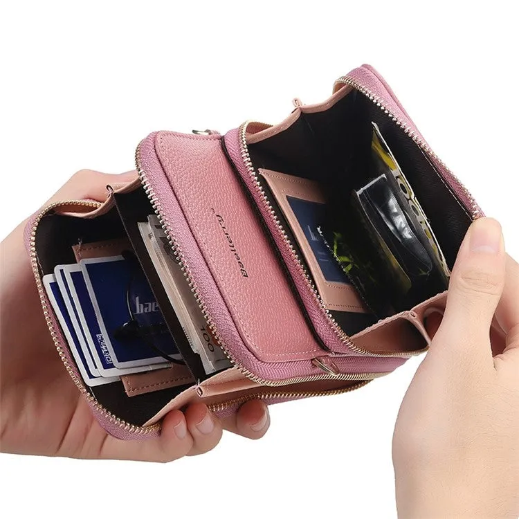 (17x11x4cm) Universal Cell Phone Leather Shoulder Bag Wallet Fashion Crossbody Bag - Beige