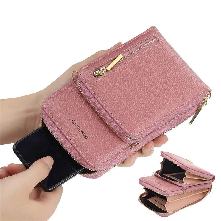 (17x11x4cm) Universal Cell Phone Leather Shoulder Bag Wallet Fashion Crossbody Bag - Beige