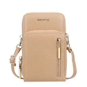 (17x11x4cm) Universal Cell Phone Leather Shoulder Bag Wallet Fashion Crossbody Bag - Beige