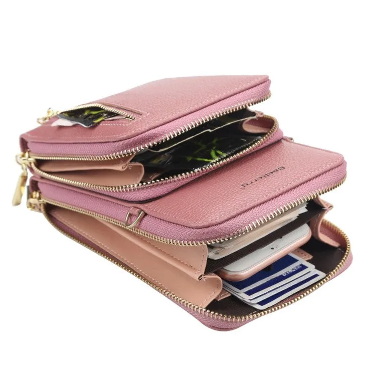 (17x11x4cm) Universal Cell Phone Leather Shoulder Bag Wallet Fashion Crossbody Bag - Beige