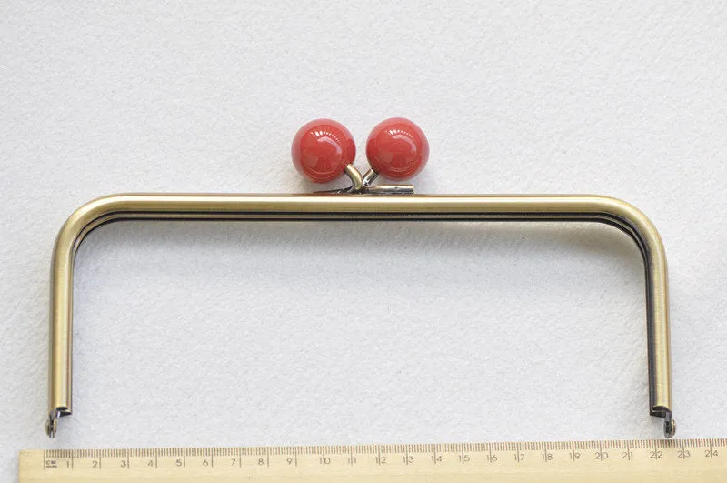 22cm  (8") Retro Bronze Purse Frame With Large Red Kisslock Glue-In Style Closure Frame 22x9cm