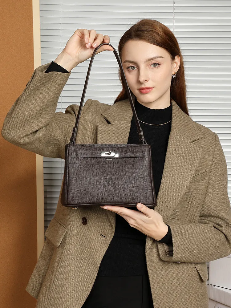 24CM genuine leather women's  single shoulder small square bag 2917 Coffee