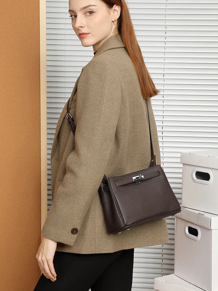 24CM genuine leather women's  single shoulder small square bag 2917 Coffee