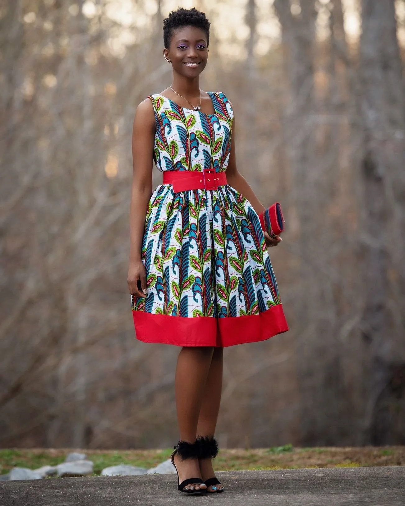 African Print Ayana Midi Dress (White / Red)