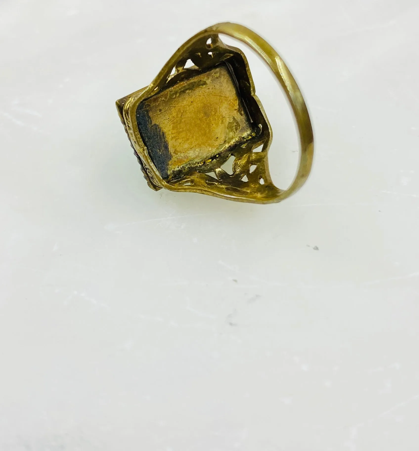 Antique Victorian Green Emerald-Cut Glass Filigree Ring, Size 6