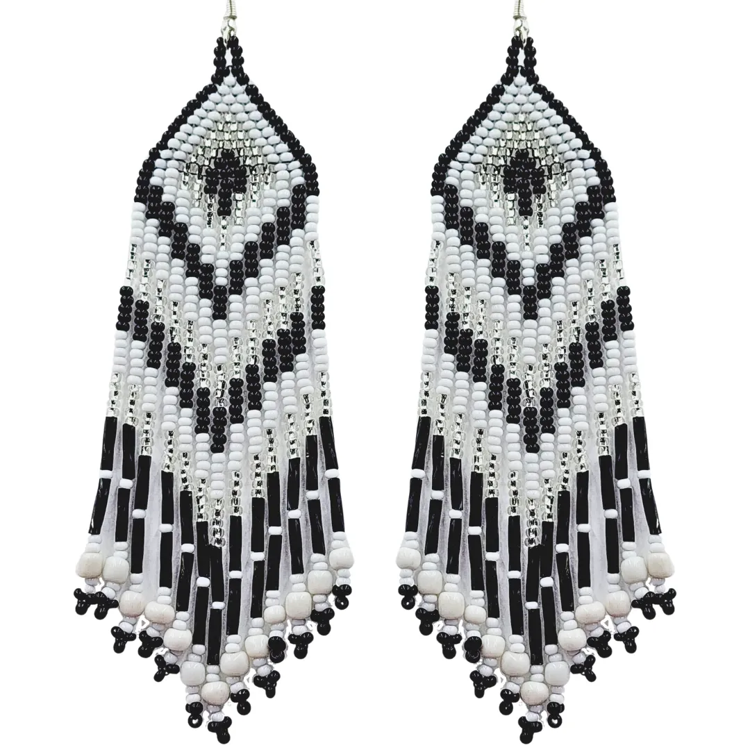 Black White and Silver Chevron Fringe Earrings