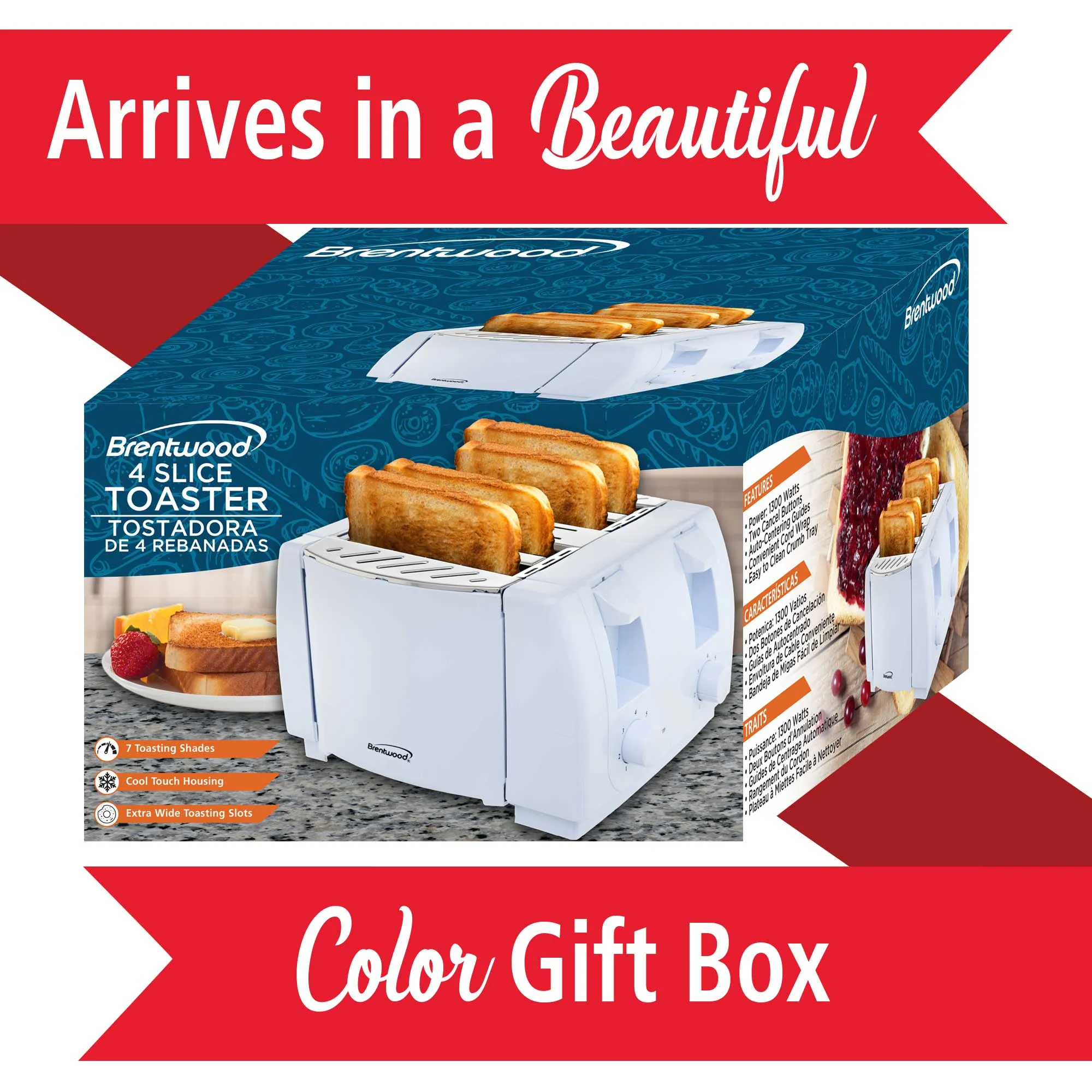 Brentwood TS-265 Cool Touch 4 Slice Toaster, White