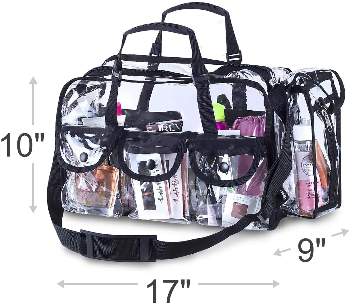 Clear Makeup Organizer PVC Toiletry Bag 21 inch x 11 inch x 7 inch, 4 External Pockets for Toiletries Adjustable Strap