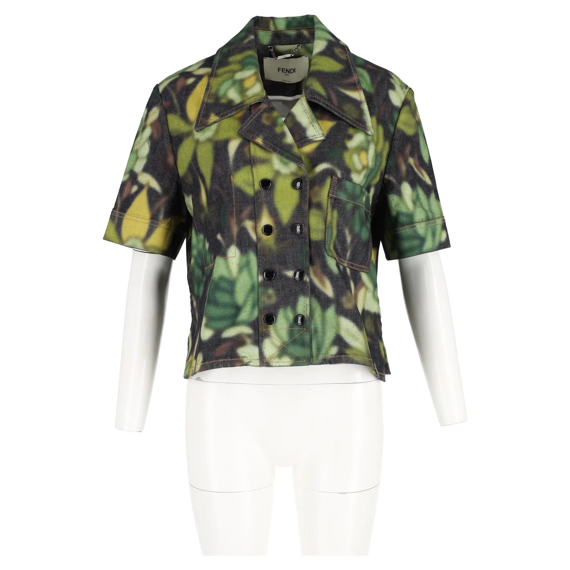 Fendi Floral Buttoned Short Sleeve Jacket in Green Cotton