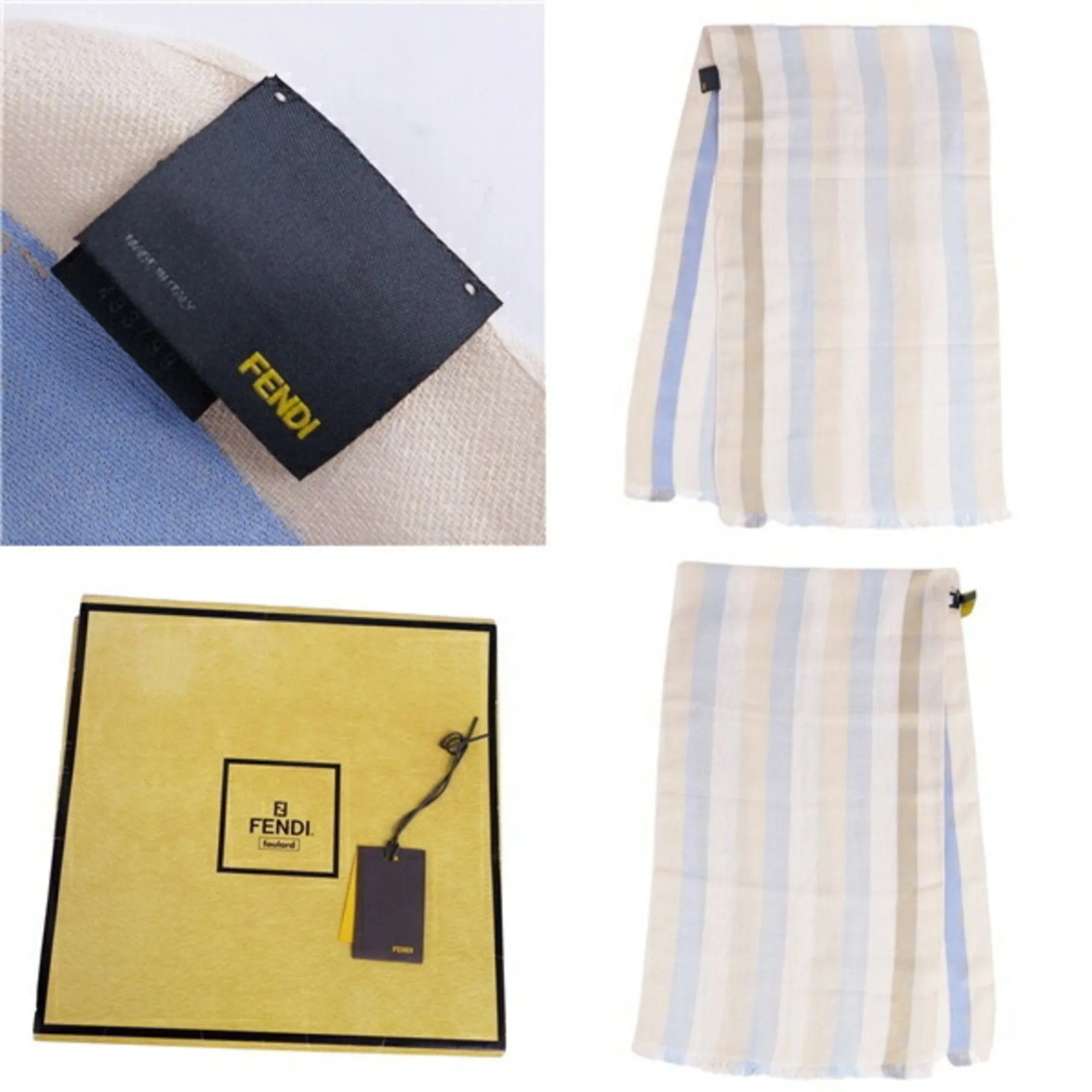 FENDI muffler stole striped pattern linen silk ladies beige blue