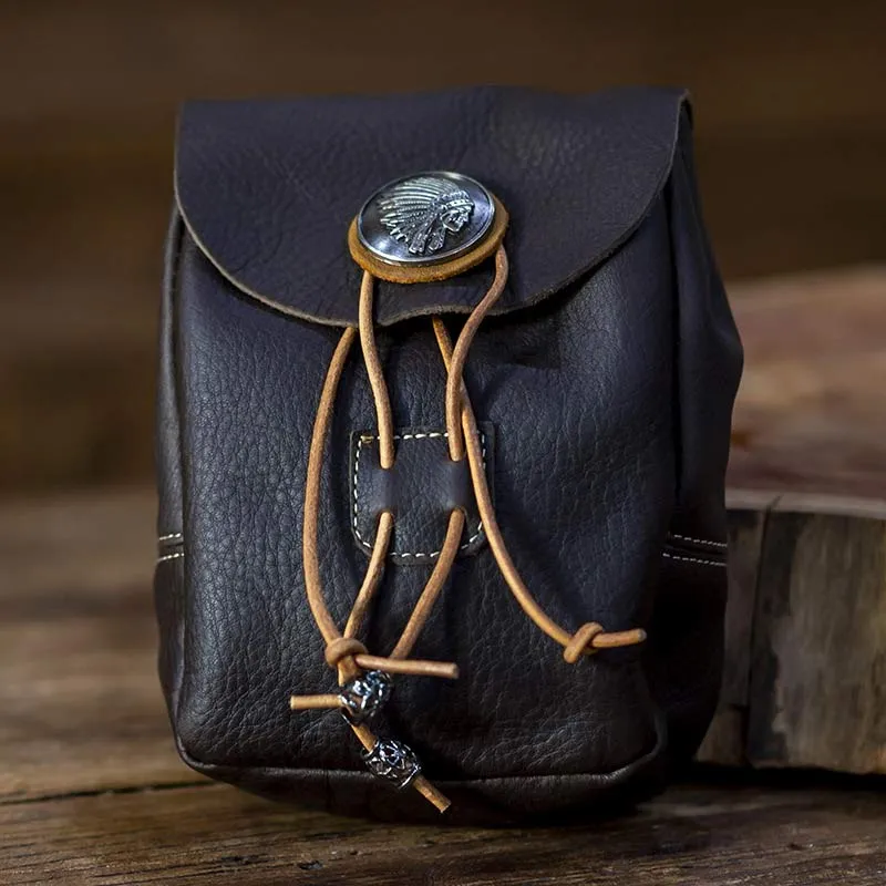 Genuine Leather Drawstring Pouch Purse Waist Bag Portable Wallet Belt Pouch