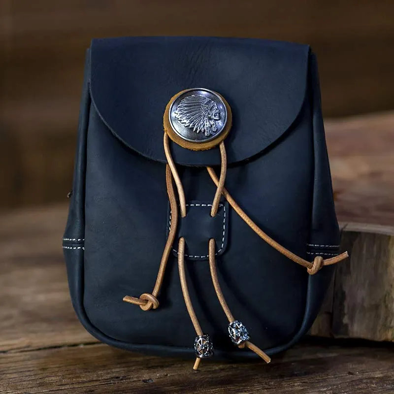 Genuine Leather Drawstring Pouch Purse Waist Bag Portable Wallet Belt Pouch