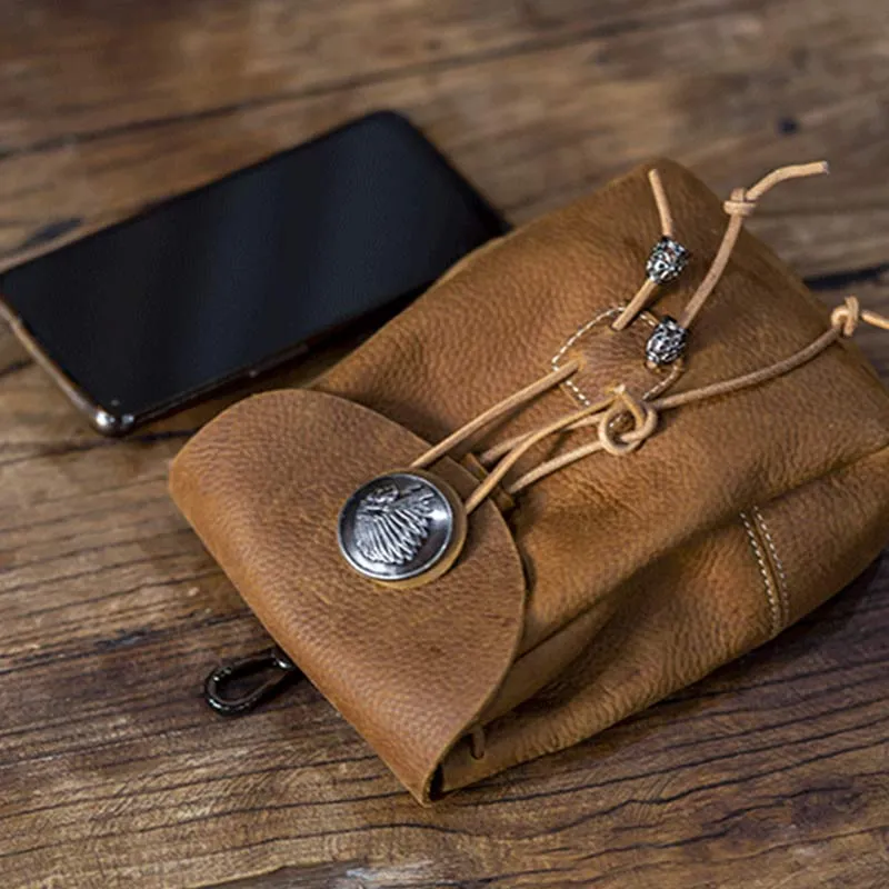 Genuine Leather Drawstring Pouch Purse Waist Bag Portable Wallet Belt Pouch