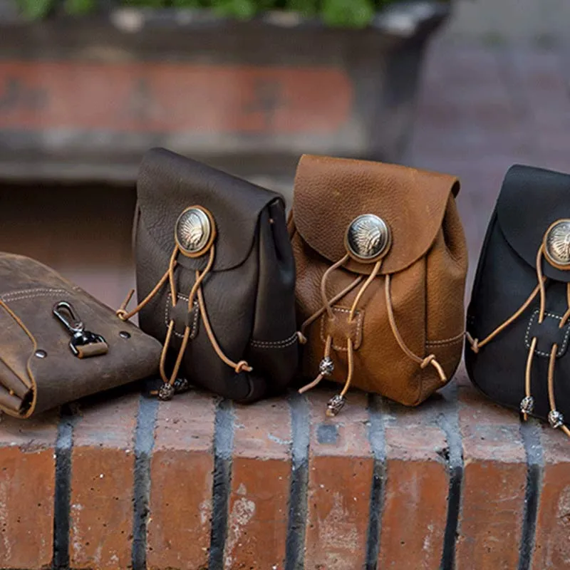 Genuine Leather Drawstring Pouch Purse Waist Bag Portable Wallet Belt Pouch