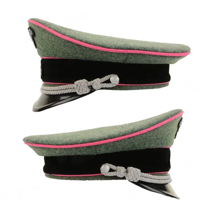 German Officer Visor Cap – Field Grey with Pink Piping, Embroidered Emblem Insignia