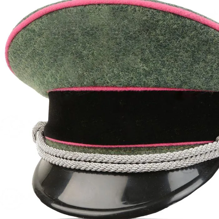 German Officer Visor Cap – Field Grey with Pink Piping, Embroidered Emblem Insignia