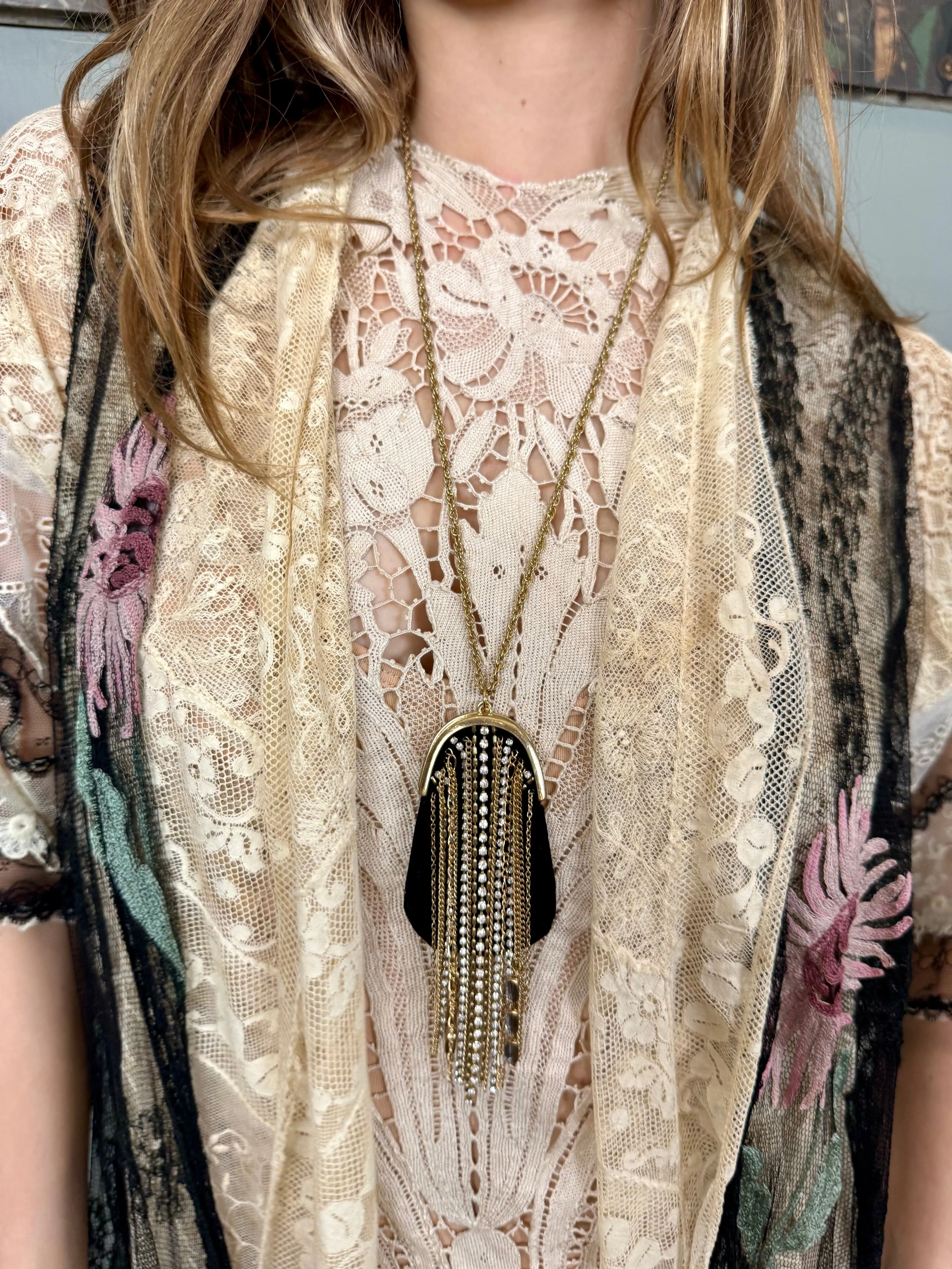 Goa, 20s black mini velvet fringed purse necklace