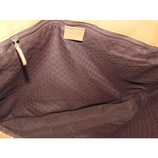 Gucci Vintage Tan Leather With Tan And Brown Striped Accents Fabric Handles