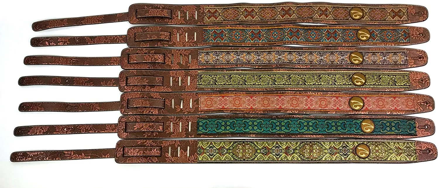 Handmade 60's 70's Jacquard Renaissance Guitar Strap by VTAR, Made with Vegan Leather. Purple Renaissance
