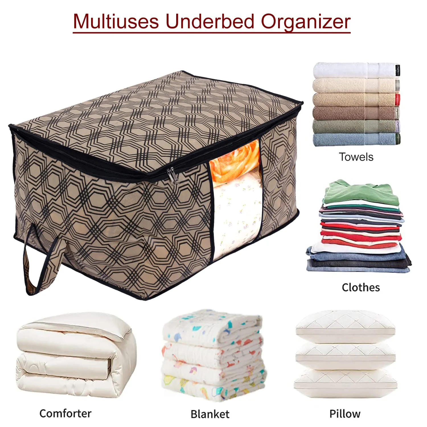Heart Home Non-Woven Honeycomb Design Underbed|Blanket Cover With Transparent Window, Zippered & Handle, Pack of 3 (Cream)