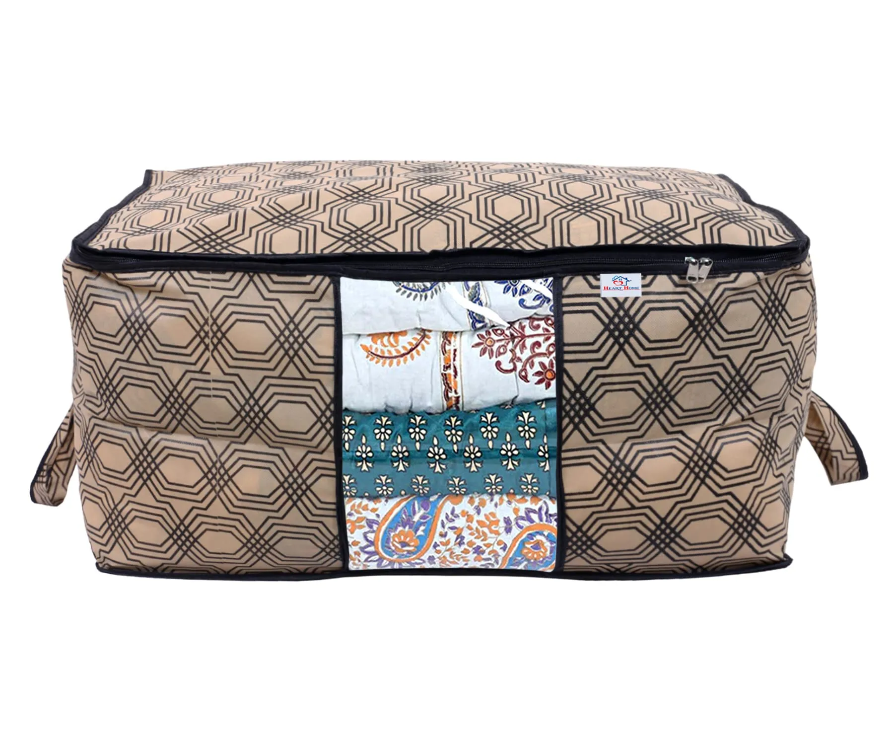 Heart Home Non-Woven Honeycomb Design Underbed|Blanket Cover With Transparent Window, Zippered & Handle, Pack of 3 (Cream)