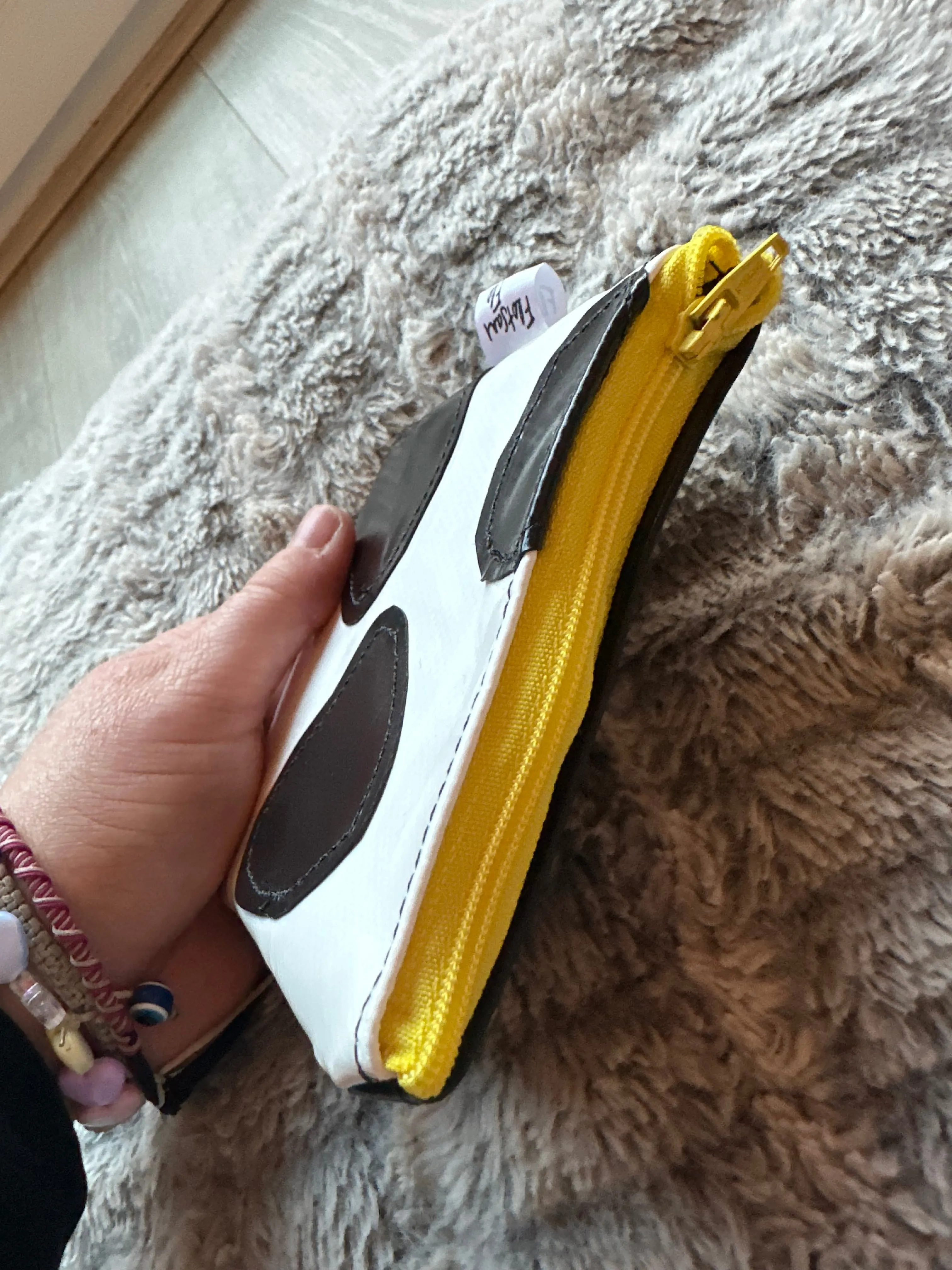 I used to be Offcuts of Plastic Canopy Cow Print  - Yellow zip Coin purse (a little wonky!)