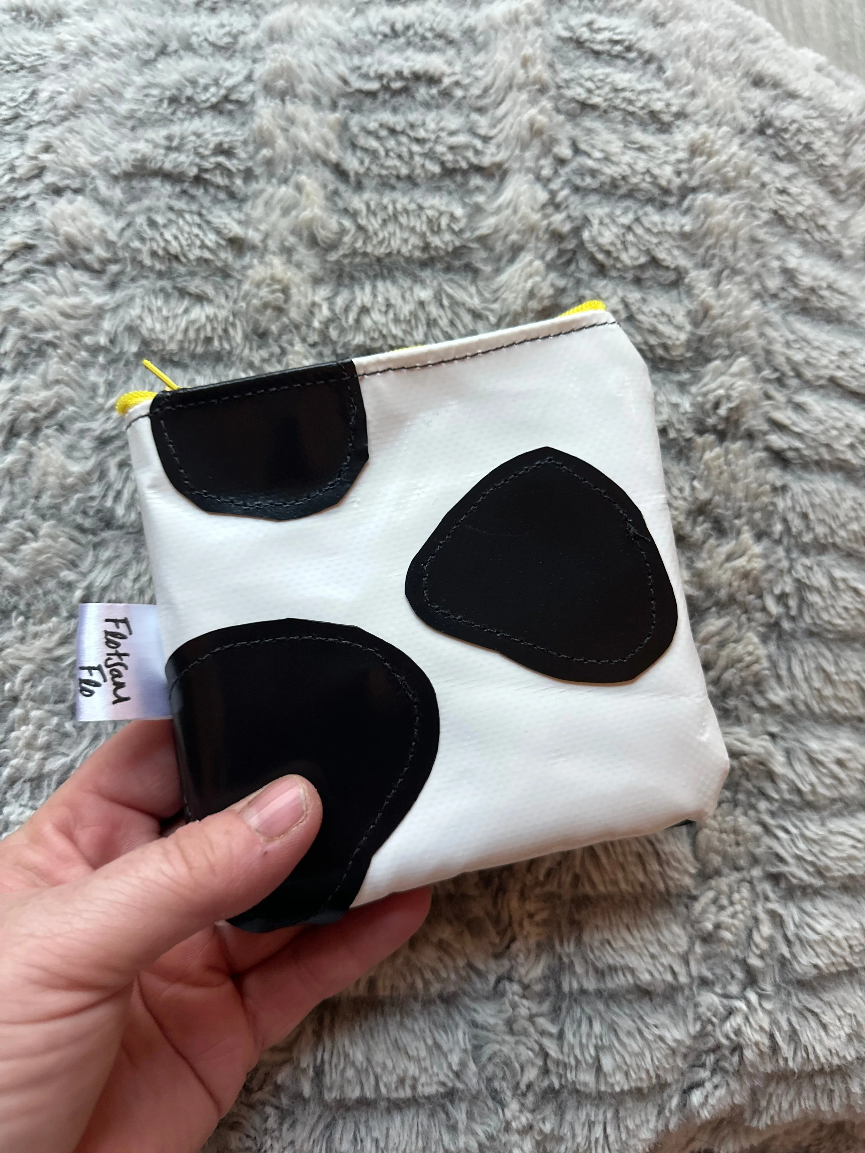 I used to be Offcuts of Plastic Canopy Cow Print  - Yellow zip Coin purse (a little wonky!)