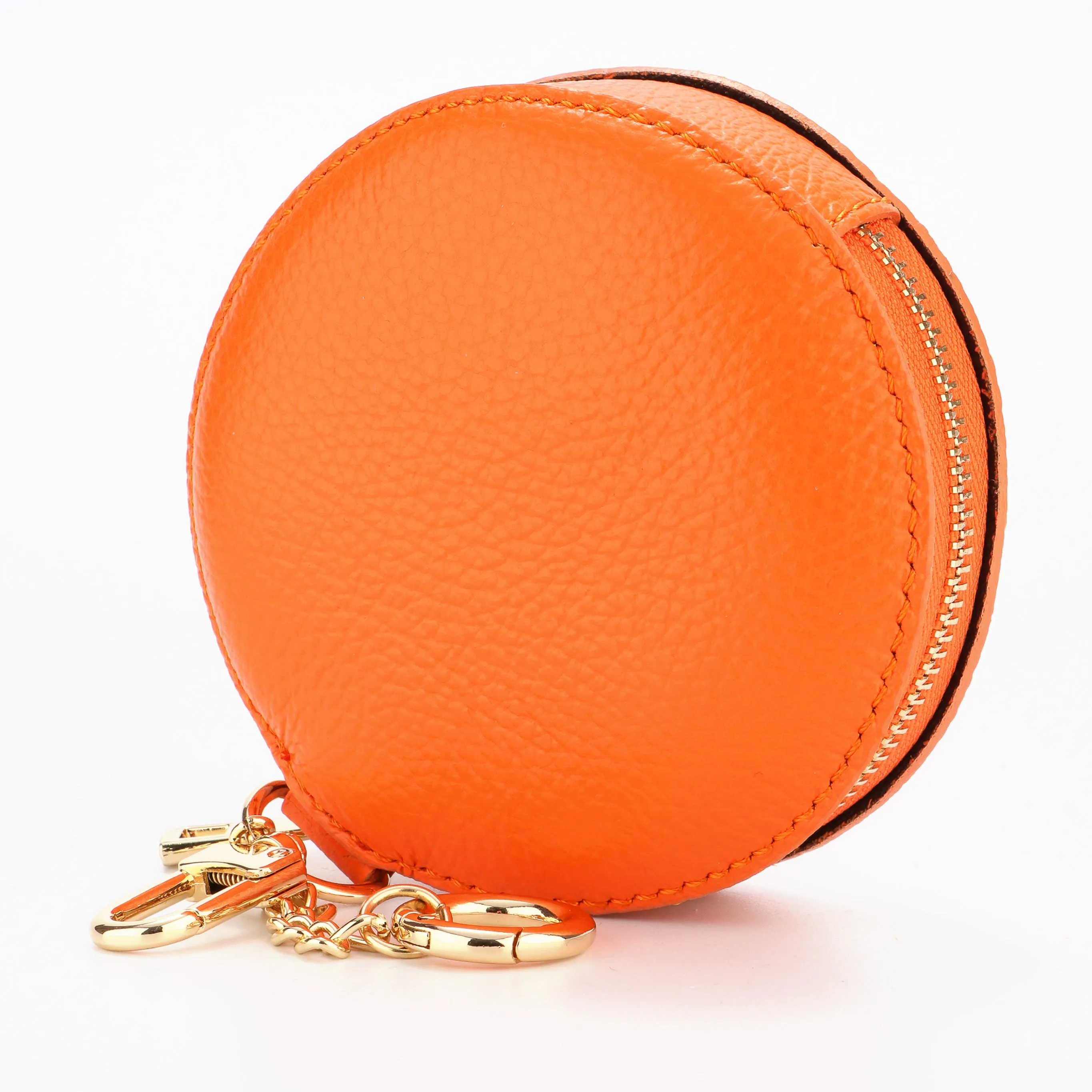 Italian Leather Round Clip-On Coin Purse in Orange