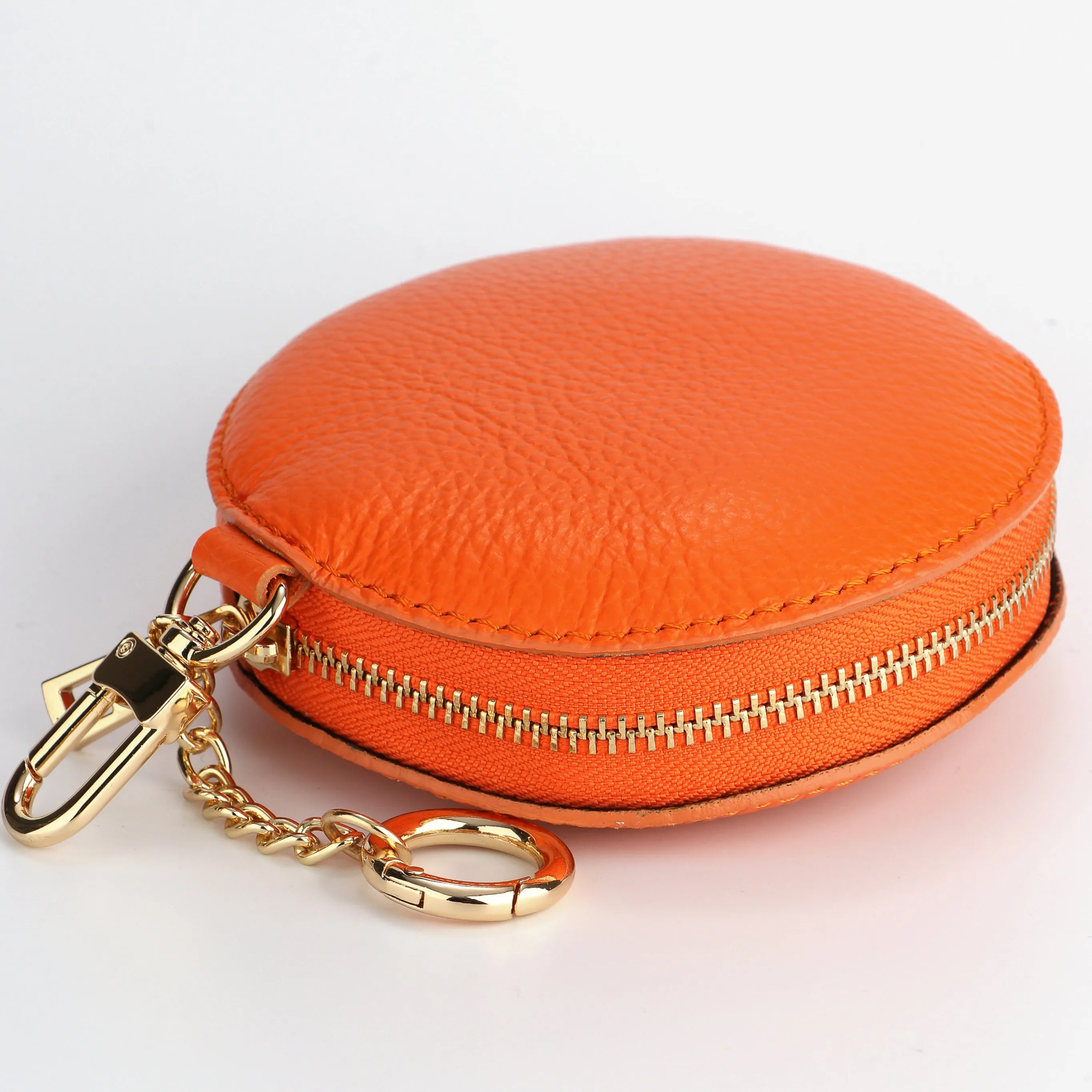 Italian Leather Round Clip-On Coin Purse in Orange