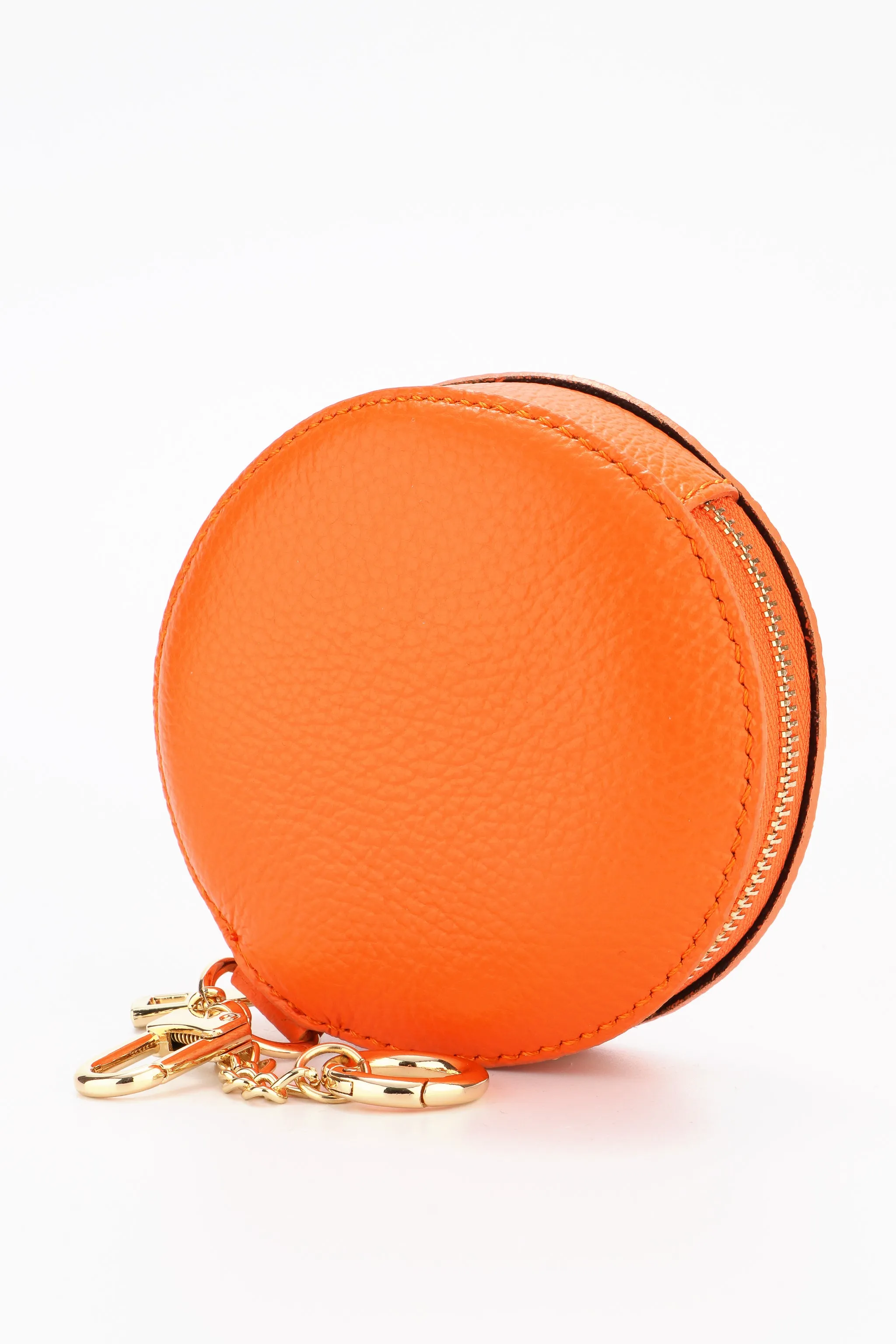 Italian Leather Round Clip-On Coin Purse in Orange