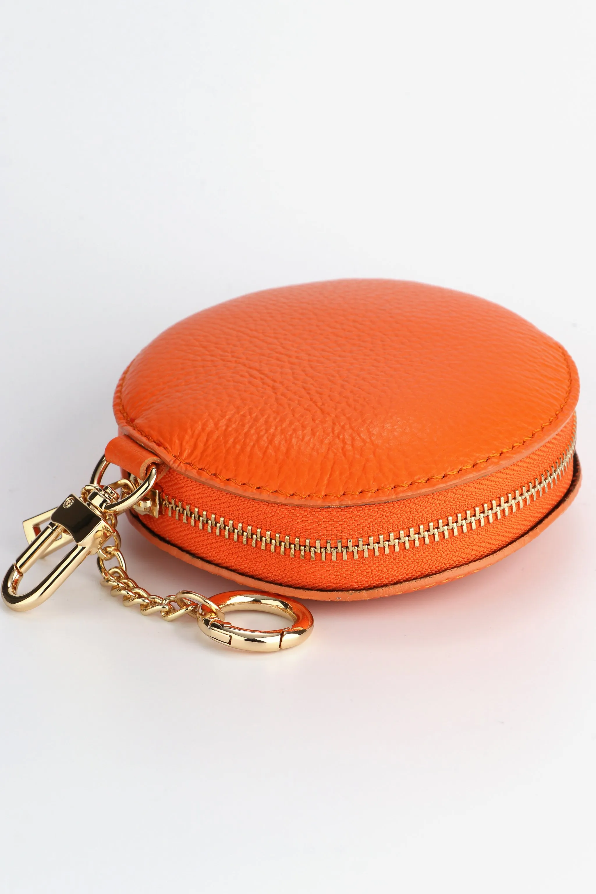 Italian Leather Round Clip-On Coin Purse in Orange