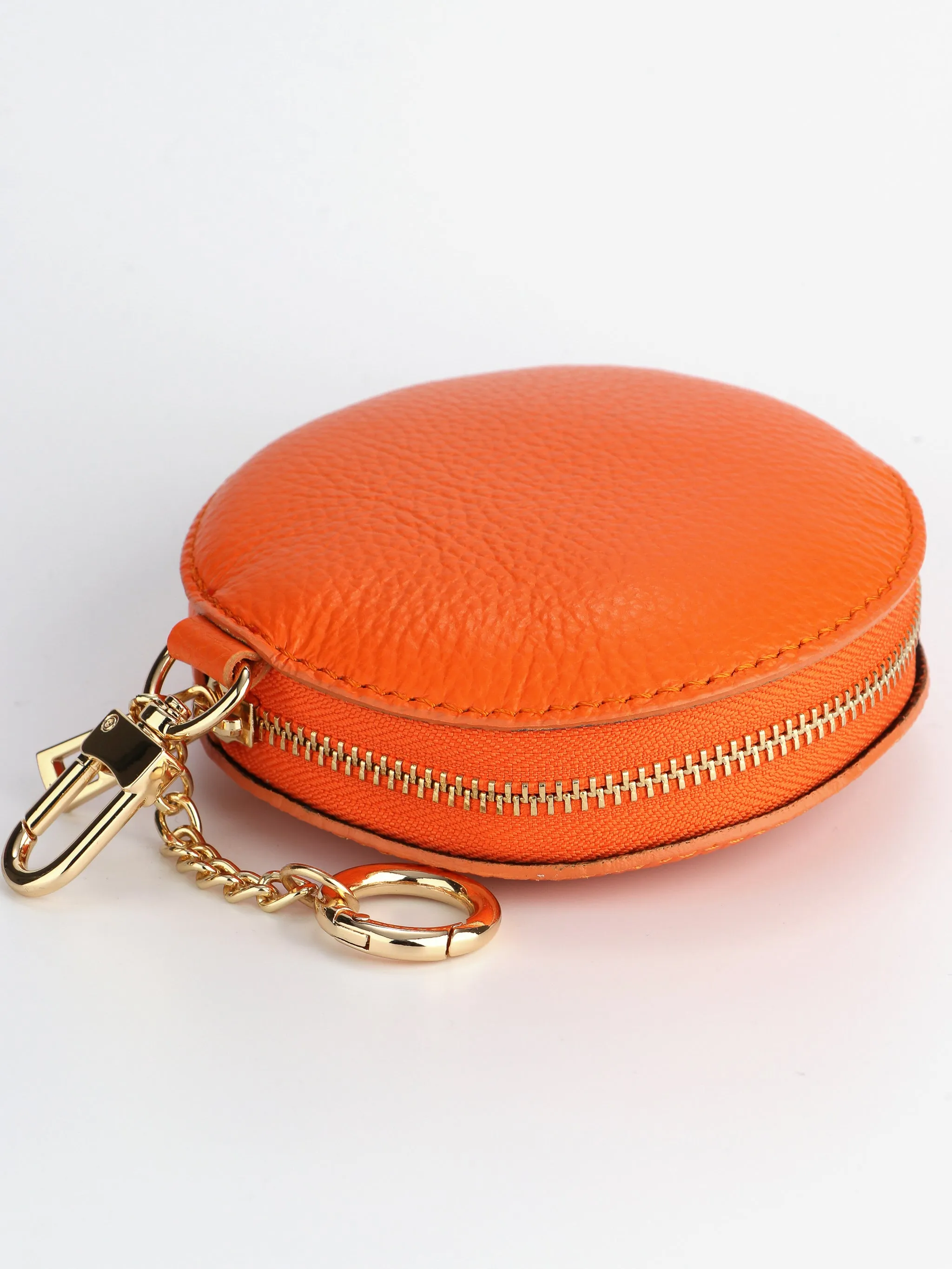 Italian Leather Round Clip-On Coin Purse in Orange
