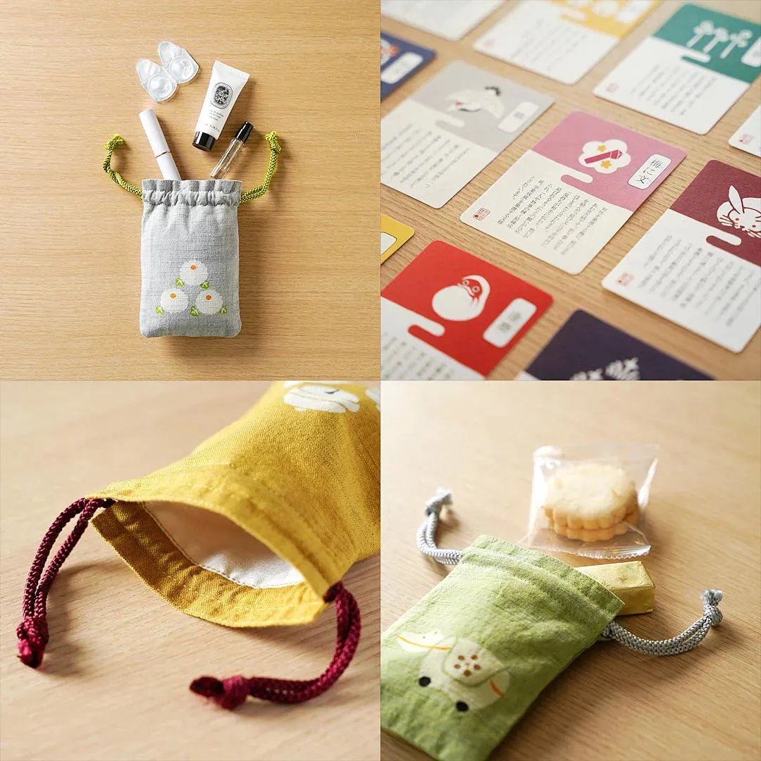 Katazome Small Talisman Bag - Quail -,  Drawstring Pouch,  Japanese traditional craft bag