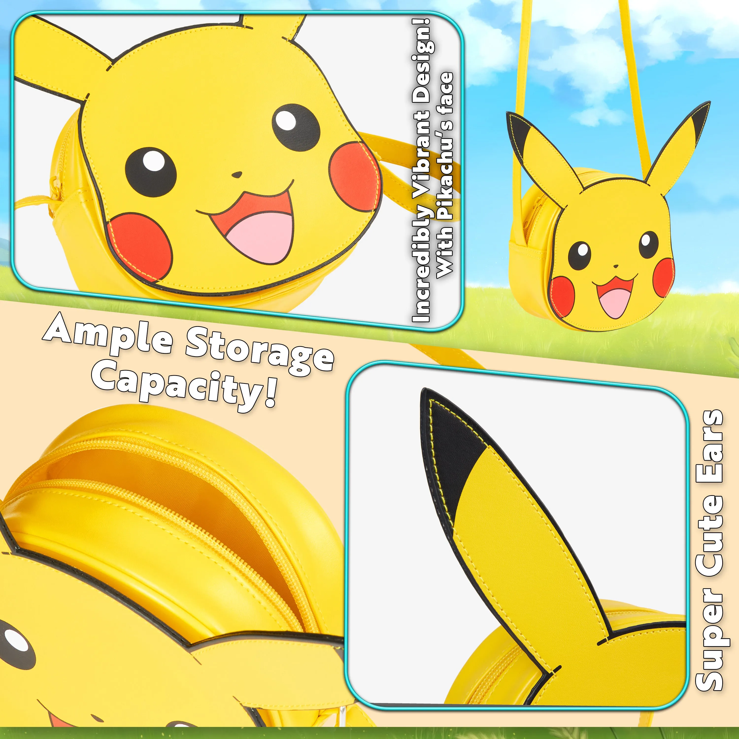 Pokemon Crossbody Bag for Girls 3D Pikachu Girls Handbag with Shoulder Strap & Zip Closure