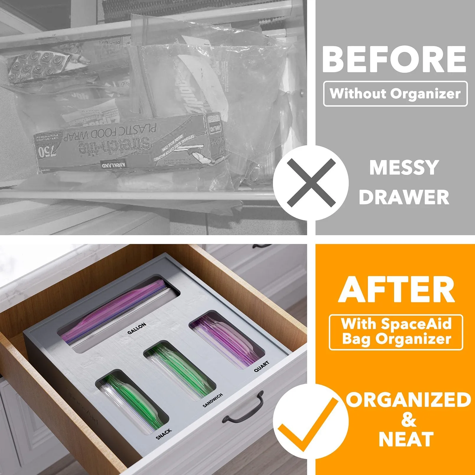 SpaceAid Bamboo Bag Storage Organizer for Kitchen Drawer, Compatible with Gallon, Quart, Sandwich and Snack (1 Box 4 Slots), Gray