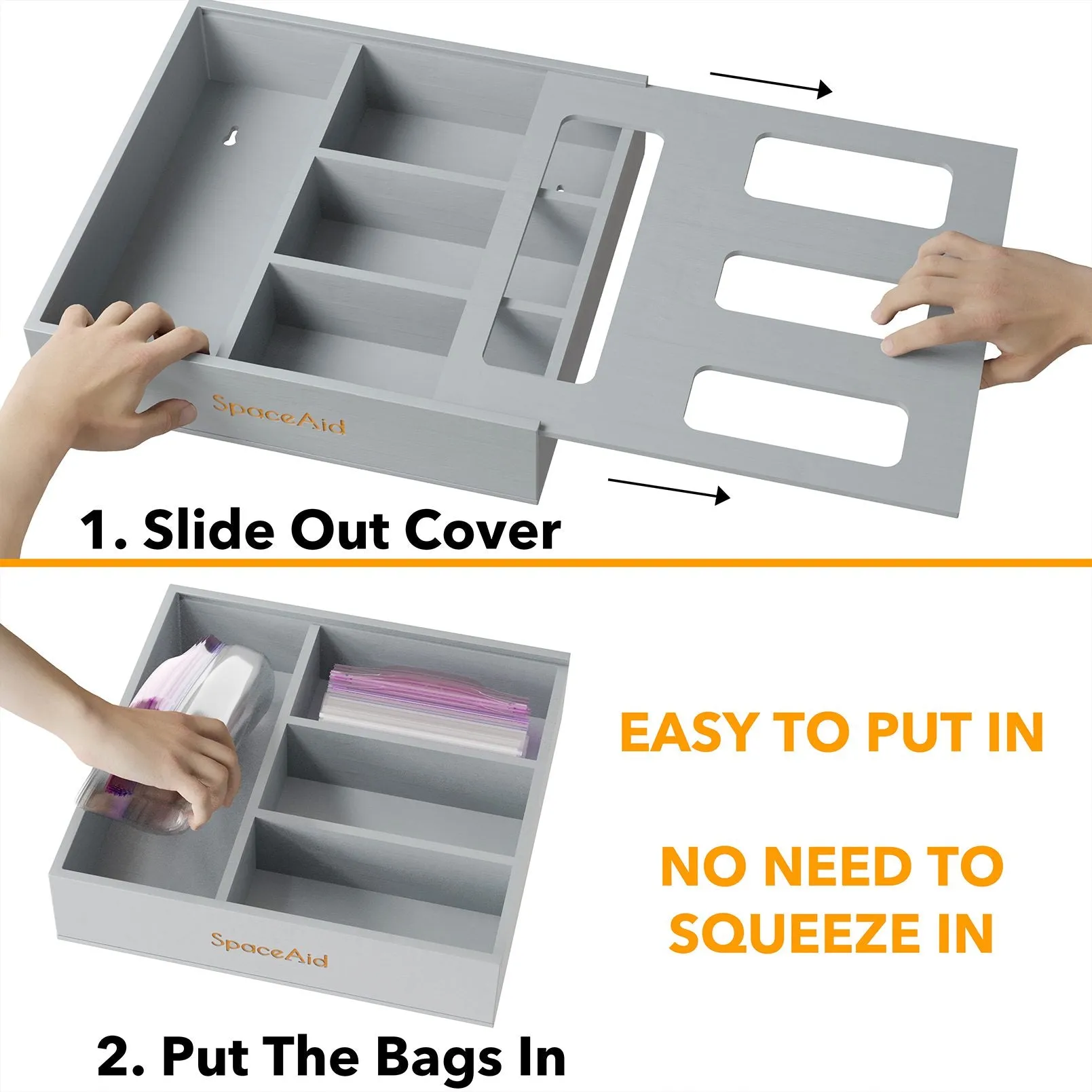 SpaceAid Bamboo Bag Storage Organizer for Kitchen Drawer, Compatible with Gallon, Quart, Sandwich and Snack (1 Box 4 Slots), Gray