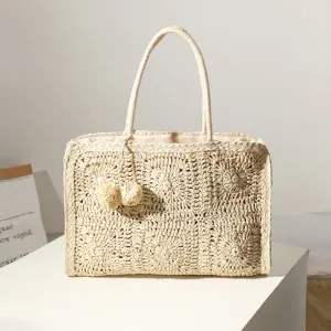 Straw Tote Bag With Pom Pom - Showtown