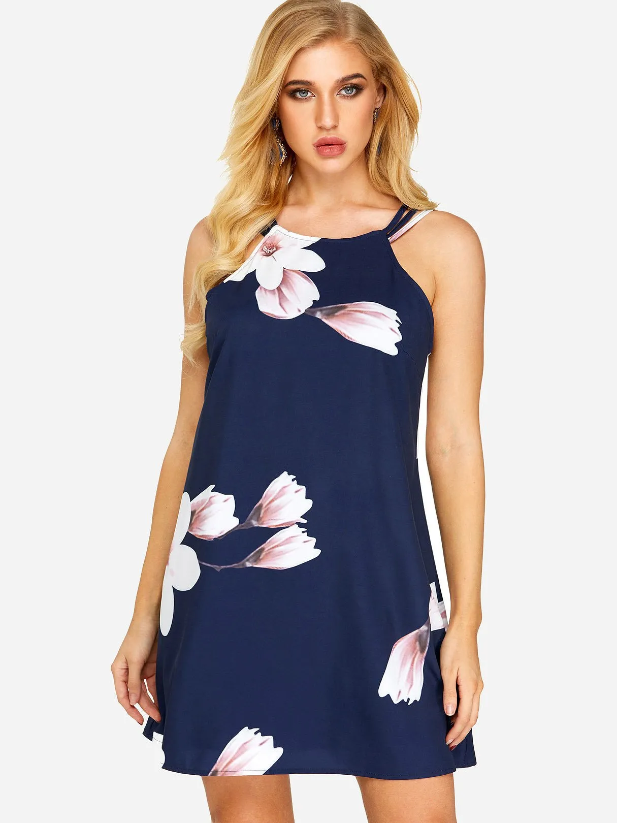 Wholesale Navy Halter Sleeveless Floral Print Backless Mini Dresses