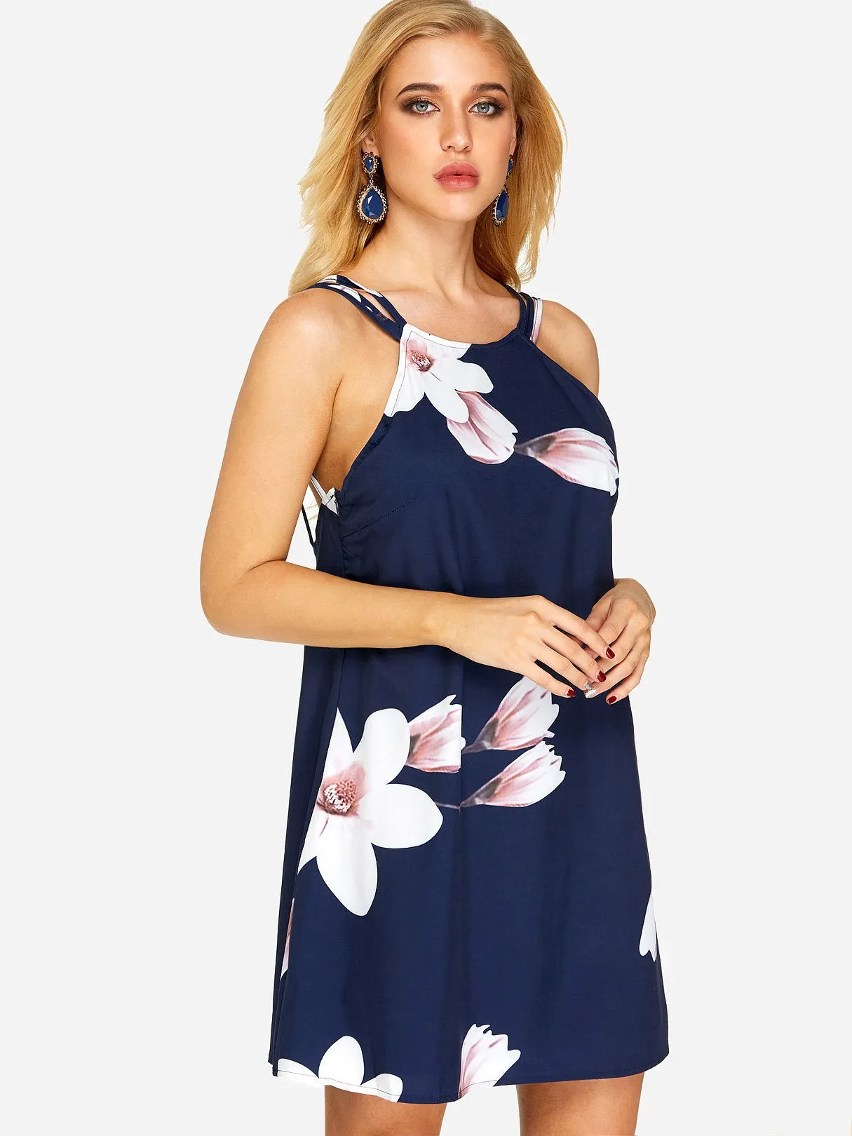 Wholesale Navy Halter Sleeveless Floral Print Backless Mini Dresses