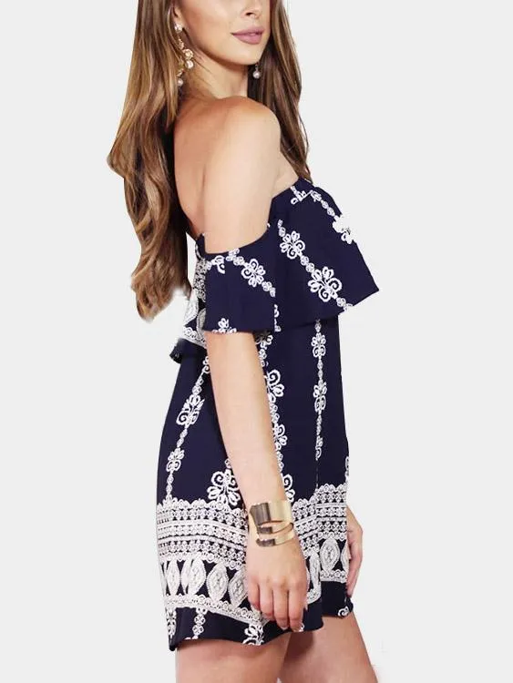 Wholesale Navy Off The Shoulder Short Sleeve Floral Print Mini Dress