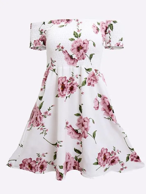 Wholesale Off The Shoulder Short Sleeve Floral Print Backless Mini Dresses