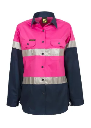 Womens Hi Vis Lightweight Long Sleeve Vented Cotton Drill Shirt with Reflective Tape (NC-WSL503)
