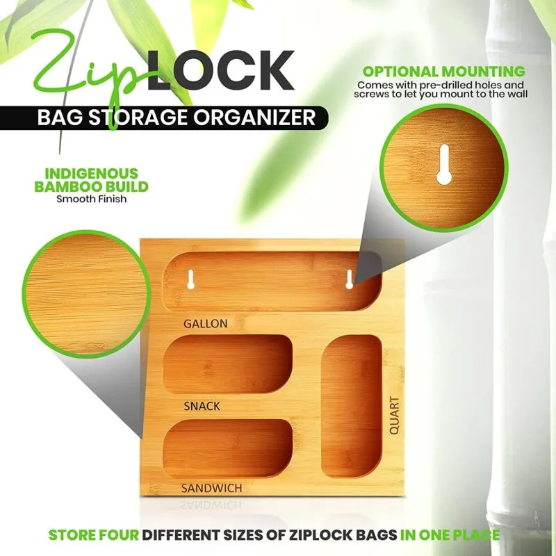 Ziplock Bag Organizer, 4 Separate Bamboo Food Storage