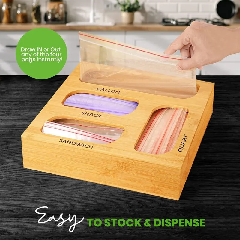 Ziplock Bag Organizer, 4 Separate Bamboo Food Storage