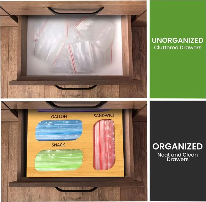 Ziplock Bag Organizer, 4 Separate Bamboo Food Storage